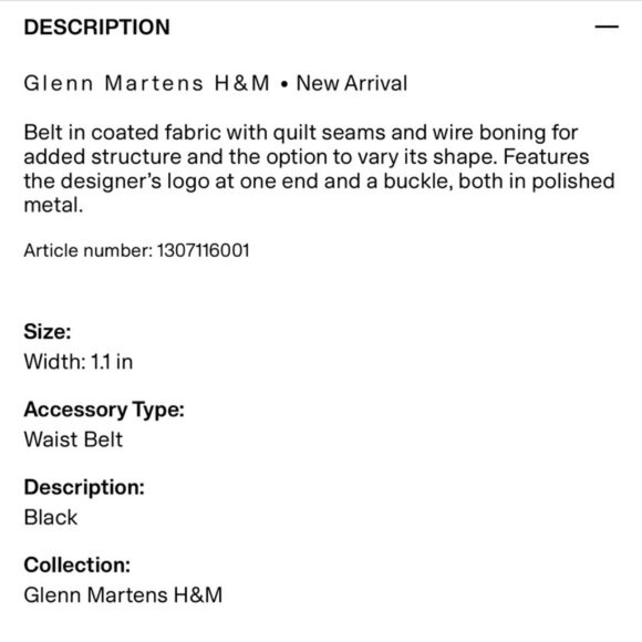 NWT Glenn Martens x H&M Boning Detail Belt